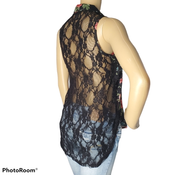 RUE 21 | Black Floral Sheer Blouse w/ Lacy Back - Picture 2 of 7